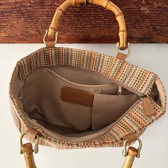 Relic—Woven Raffia Stripe Handbag Purse, Bamboo Handles - Picture 7 of 7